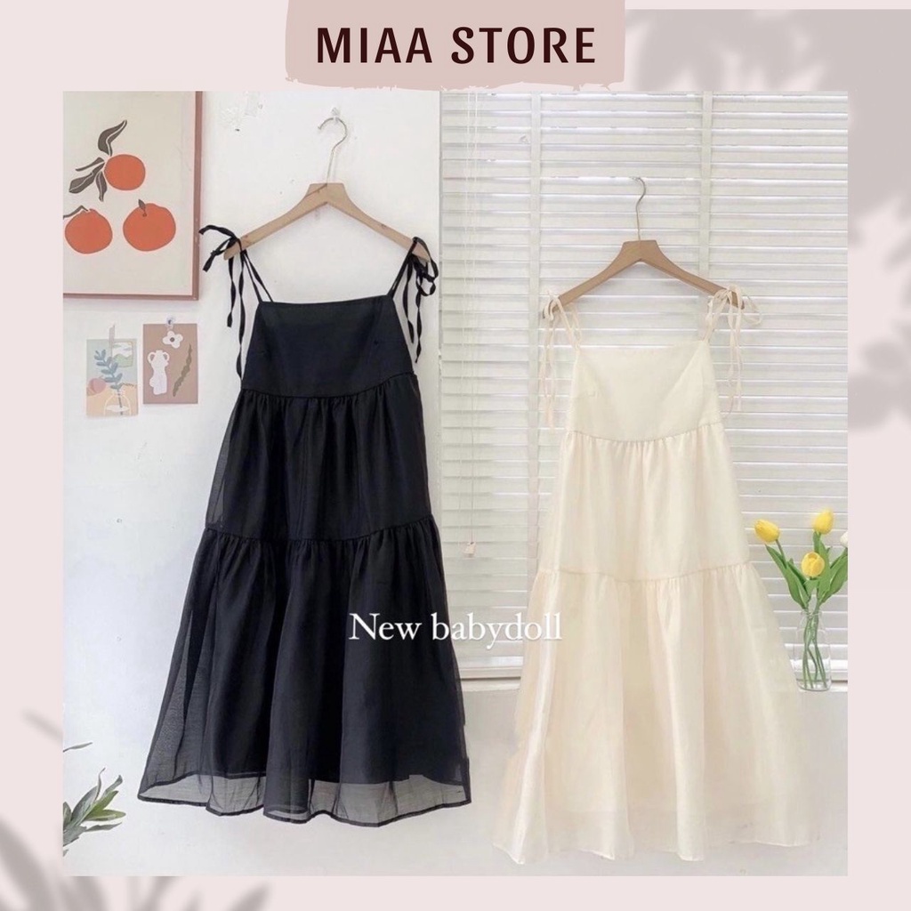 Đầm - váy hai dây voan tơ buộc nơ hàng 2 lớp mặc đi chơi, đi biển