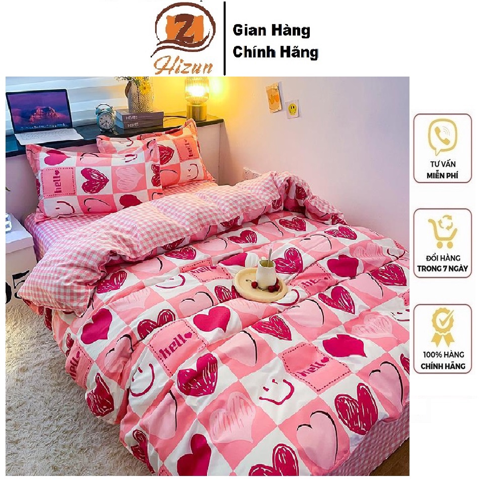 [Mã BMTTC60 giảm đến 60K đơn 50K] Bộ Chăn Ga Gối Cotton Poly Hizun Dùng 2 Mặt Mẫu Trái Tim