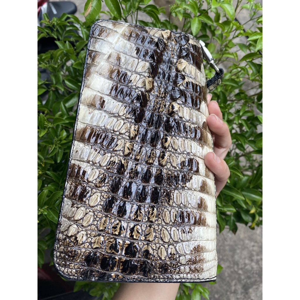 VÍ CẦM TAY ĐẦU DA CÁ SẤU MÀU NGUYÊN THỦY THẬT 100% 2 DÂY KÉO 22X12CM