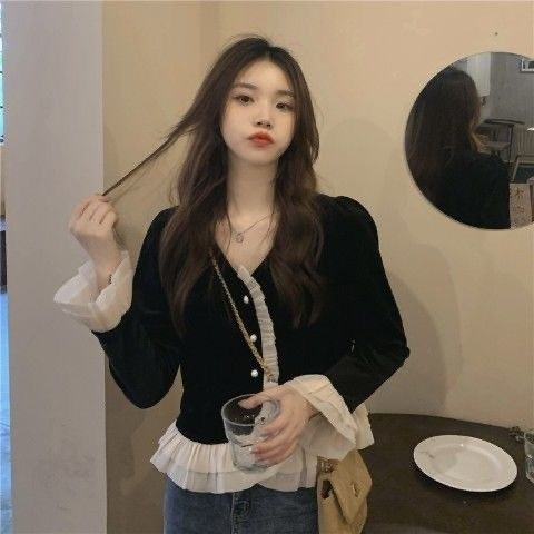 Áo Nhung Dài Tay Phong Cách Retro Pháp Cho Nữ