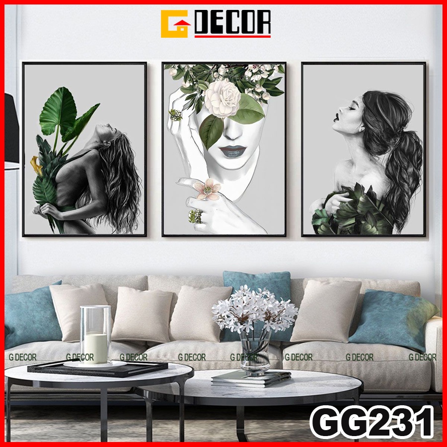 Tranh treo tường canvas khung gỗ 3 bức phong cách hiện đại Bắc Âu tranh cô gái trang trí phòng khách phòng ngủ spa 231
