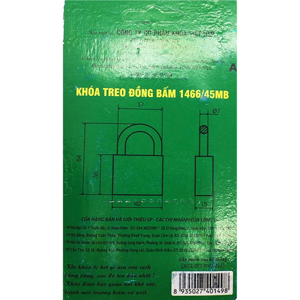 [CỰC PHẨM GIÁ RẺ] Ổ Khóa cửa treo Việt Tiệp 1466/45MB 0145MB bấm không cần chìa màu vàng đồng có bán tại Ngô Thành Lợi