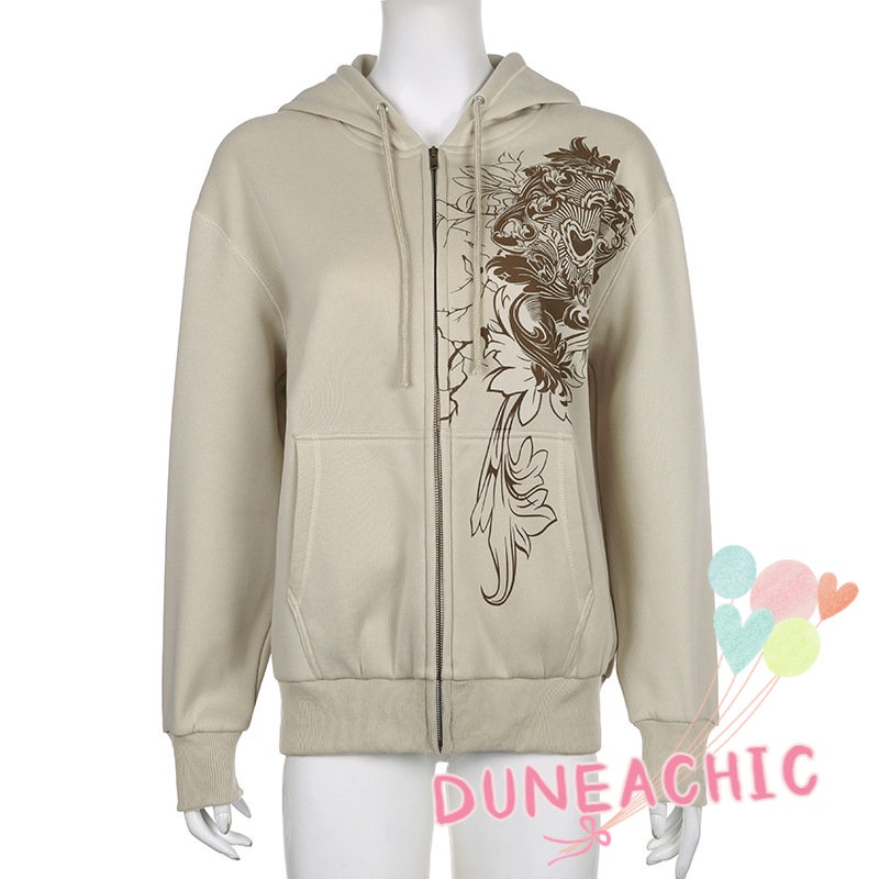 DUNEA Áo Hoodie Tay Dài Dáng Rộng Có Khóa Kéo In Họa Tiết Nghệ Thuật Cho Nữ