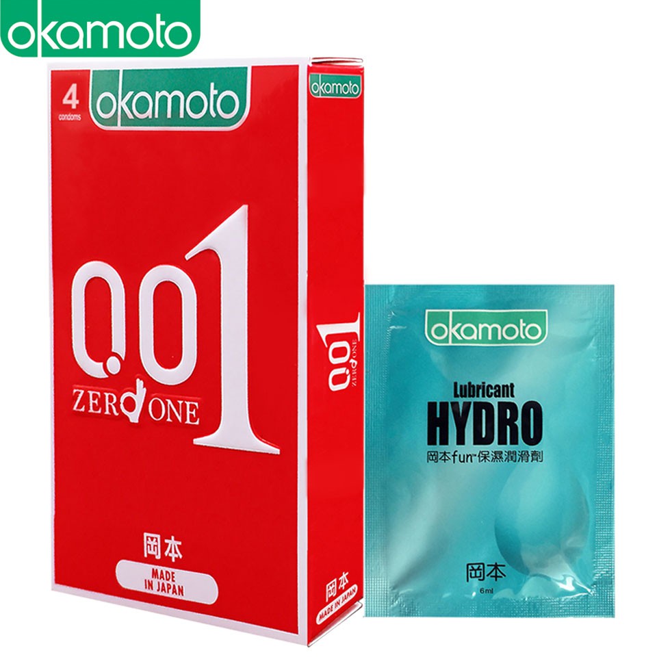 [ Tặng 1 Gói Gel Bôi Trơn Hydro ] Bao Cao su Okamoto 0.01 PU Siêu mỏng Truyền Nhiệt Nhanh Hộp 4 Cái