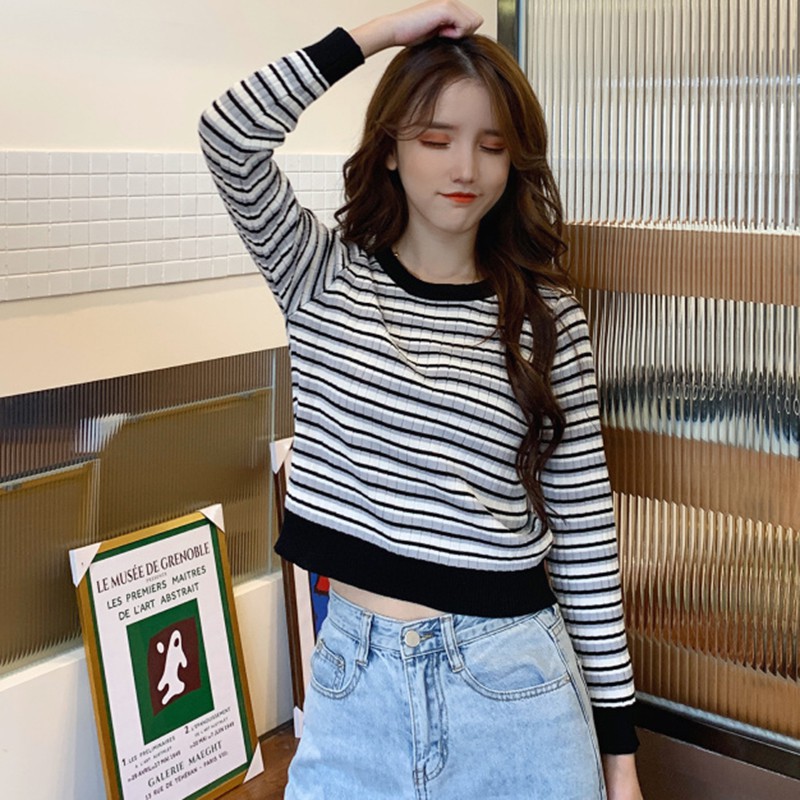 Áo Sweater Dệt Kim Tay Dài Hoạ Tiết Kẻ Sọc Màu Tương Phản Cho Nữ | BigBuy360 - bigbuy360.vn