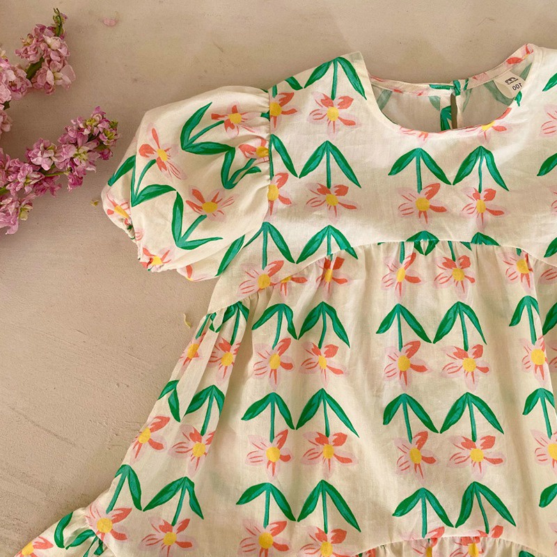 Đầm Công Chúa Tay Phồng Ngắn In Họa Tiết Hoa Phong Cách Hàn Quốc Đơn Giản Dành Cho Bé Gái