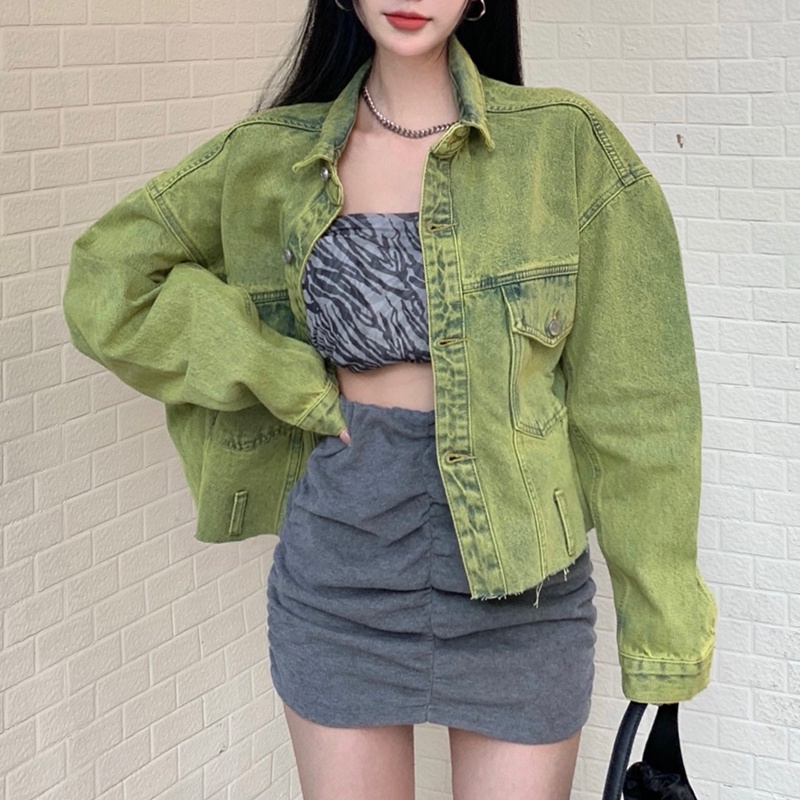 IELGY     Áo Khoác denim Tay Dài Dáng Rộng Màu Xanh Lá Thời Trang Cho Nữ