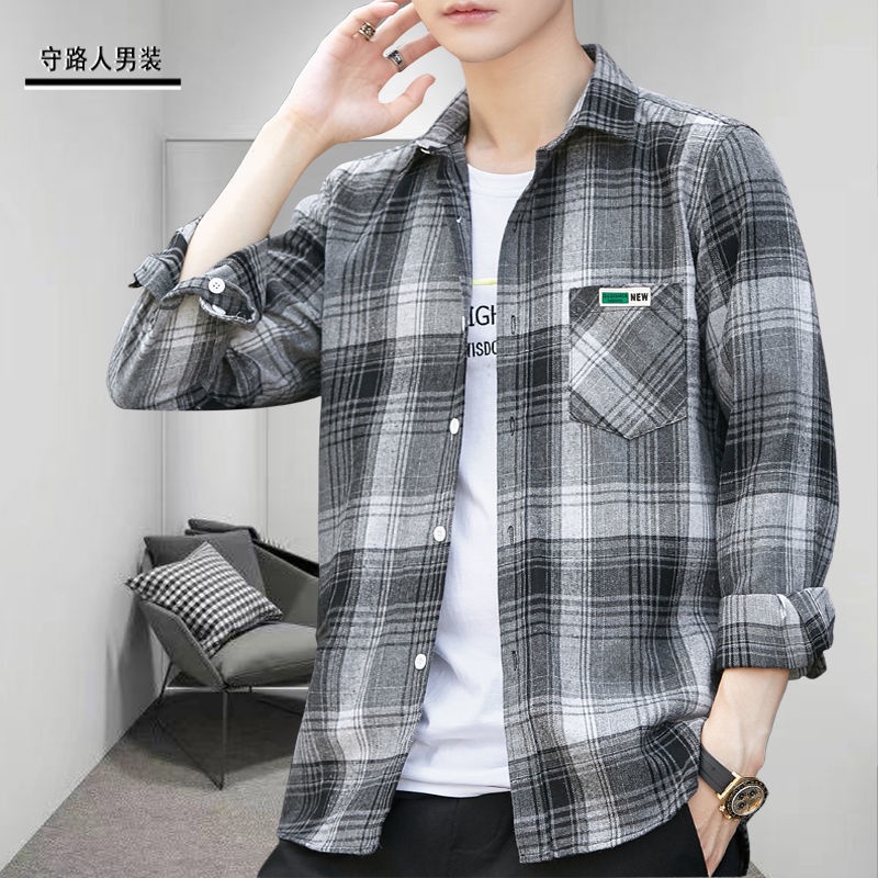 Áo Sơ Mi Dài Tay Dáng Rộng Hoa Văn Kẻ Ô Phong Cách Hàn Quốc Dành Cho Nam