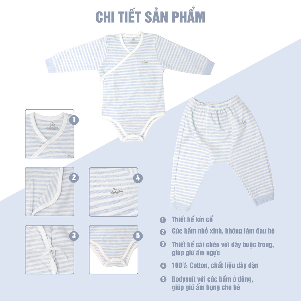 Set Bodysuit sơ sinh 5 món ComfyBaby (quần áo dài, bao tay chân, mũ) kẻ sọc màu xanh - 100% Cotton- chính hãng