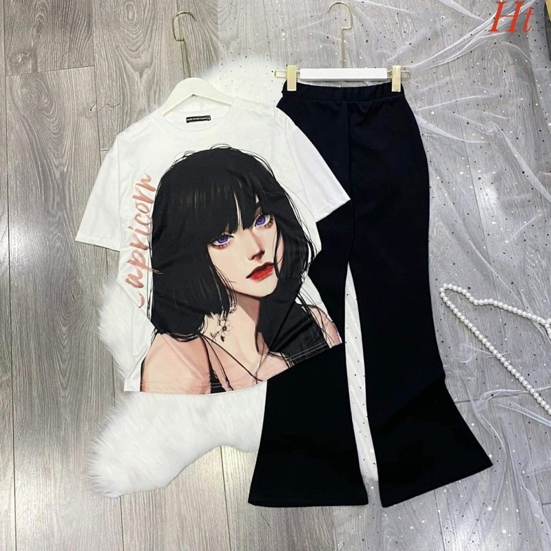 Sét áo cô gái quần loe đen HT12