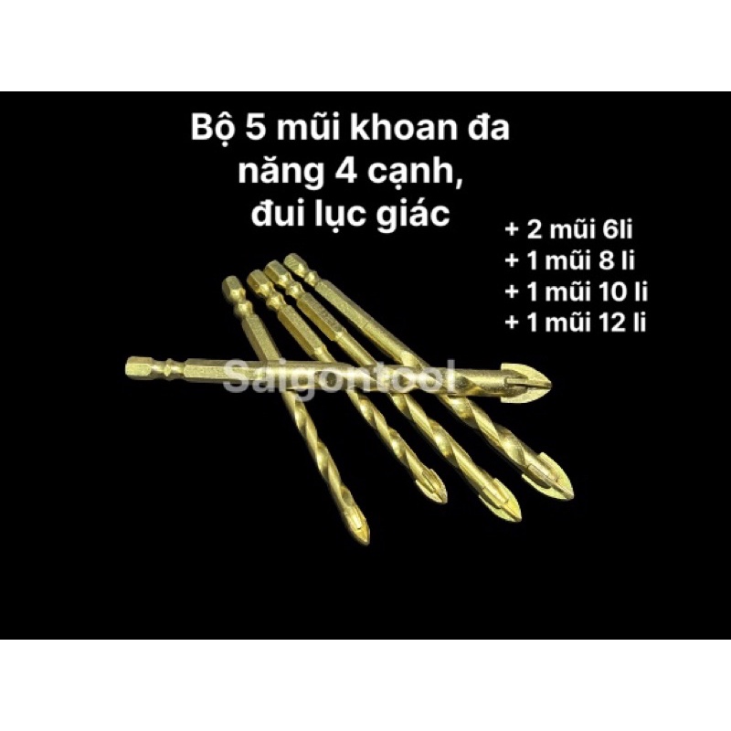 Bộ 5 mũi khoan đa năng, 4 cạnh, đuôi lục giác