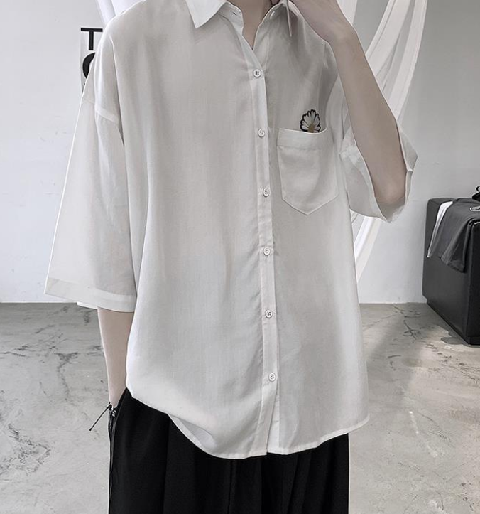 ♞AFF LIGA♞ Áo sơ mi nam ngắn tay thêu hình hoa cúc