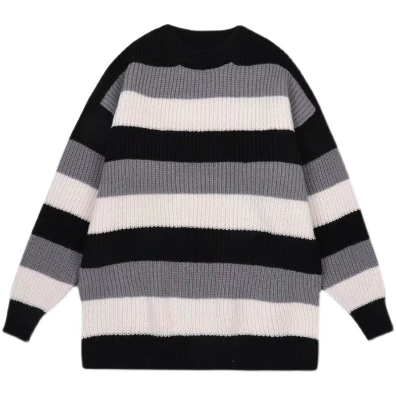 Áo sweater cổ tròn dáng rộng kẻ sọc màu sắc thời trang thu đông cho nam
