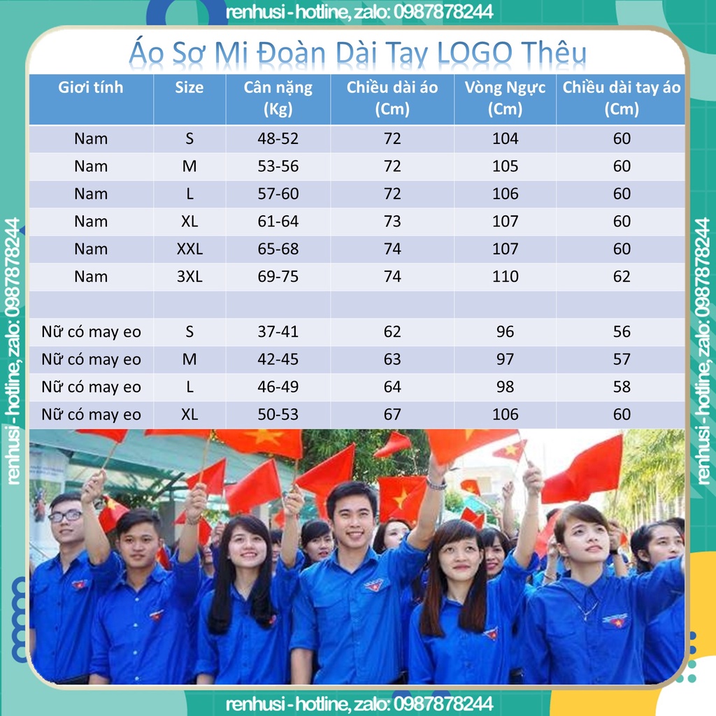 Áo đoàn thanh niên dài tay Logo Thêu, áo sơ mi đoàn Logo Thêu