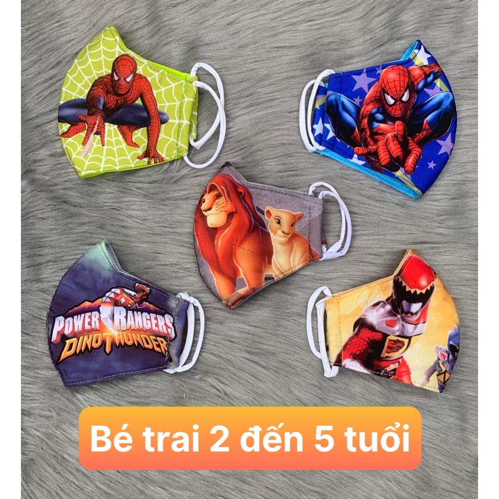 [HCM] Combo 5 khẩu trang vải bé trai  và bé gái 3 lớp in hình 3D mặt sau lót lưới mè mịn , có size 2 đến 5 tuổi và 5 đến