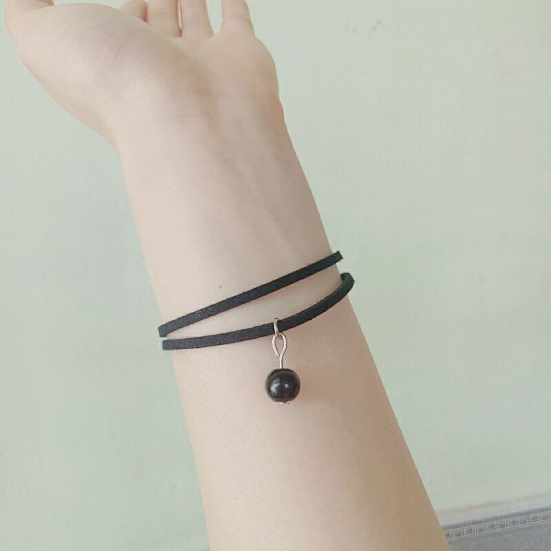 Vòng tay chocker dây da 2 tầng mặt hạt đen (ảnh thật)