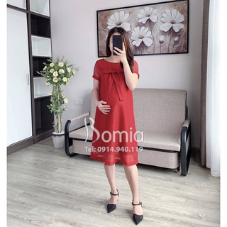 Váy bầu ren lưới đỏ nơ ngực