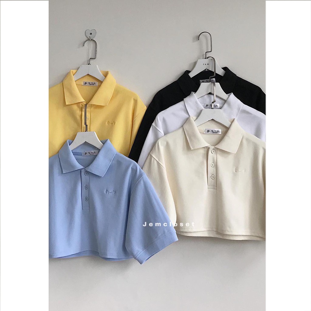 Áo Croptop Nữ Cổ Bẻ Áo Croptop Polo Tay Ngắn Form Rộng Basic Chất Liệu Cotton PYNY 5 Màu Xanh Vàng Kem Trắng Đen 10103