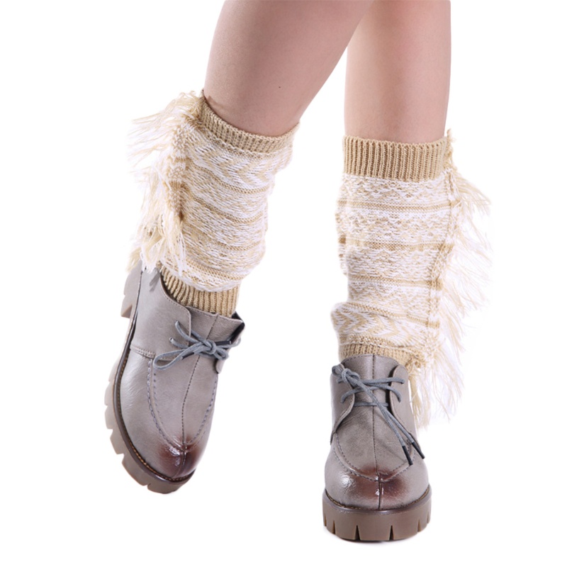 Youyo Vớ Dệt Kim Ngắn Giữ Ấm Chân Phối Tua Rua Bên Hông Họa Tiết Kẻ Sọc Phong Cách Boho Cho Nữ