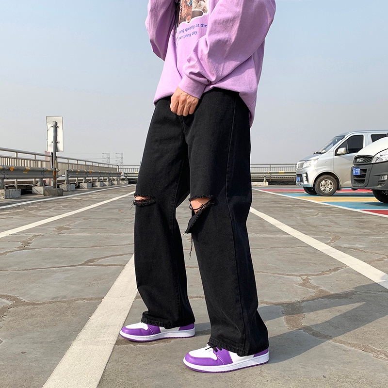 Quần jean nam ống rộng đen rách tam giác  phong cách