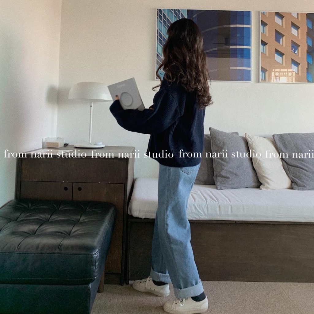 Quần jeans nữ ống rộng NARII jean dài lưng cao Hàn Quốc xanh nhạt