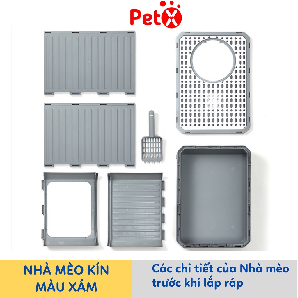 Nhà vệ sinh cho mèo có ngăn kéo khép kín có cửa vào ra riêng chống văng cát kèm xẻng Boxy PetX