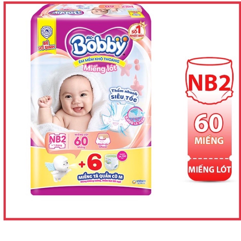 [TẶNG 6M QUẦN M] Miếng Lót Sơ Sinh Bobby Newborn 2 60 Miếng cho bé từ 1 tháng tuổi