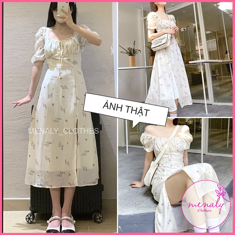 Váy đầm nữ vintage hoa nhí cổ vuông tay bồng VH045