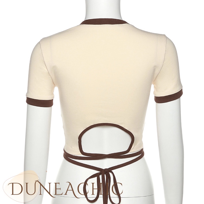 DUNEA Áo thun croptop tay ngắn thắt dây in họa tiết thời trang cho nữ
