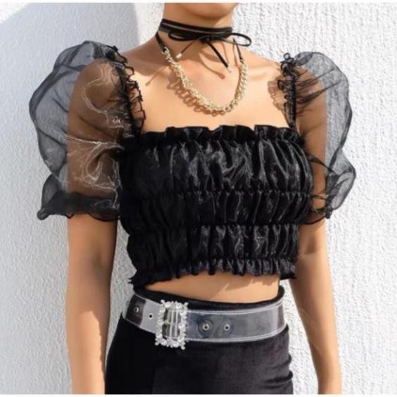 Áo Trễ Vai Voan Kiếng Nhún Croptop Hở Vai Tay Ngắn Phồng Bo Thun Nữ DRACR04 Đẹp * ཾ  ྇