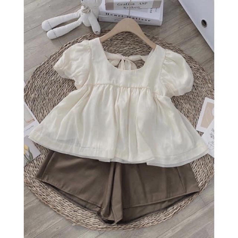 Set áo babydoll tay bồng kèm quần sooc nâu