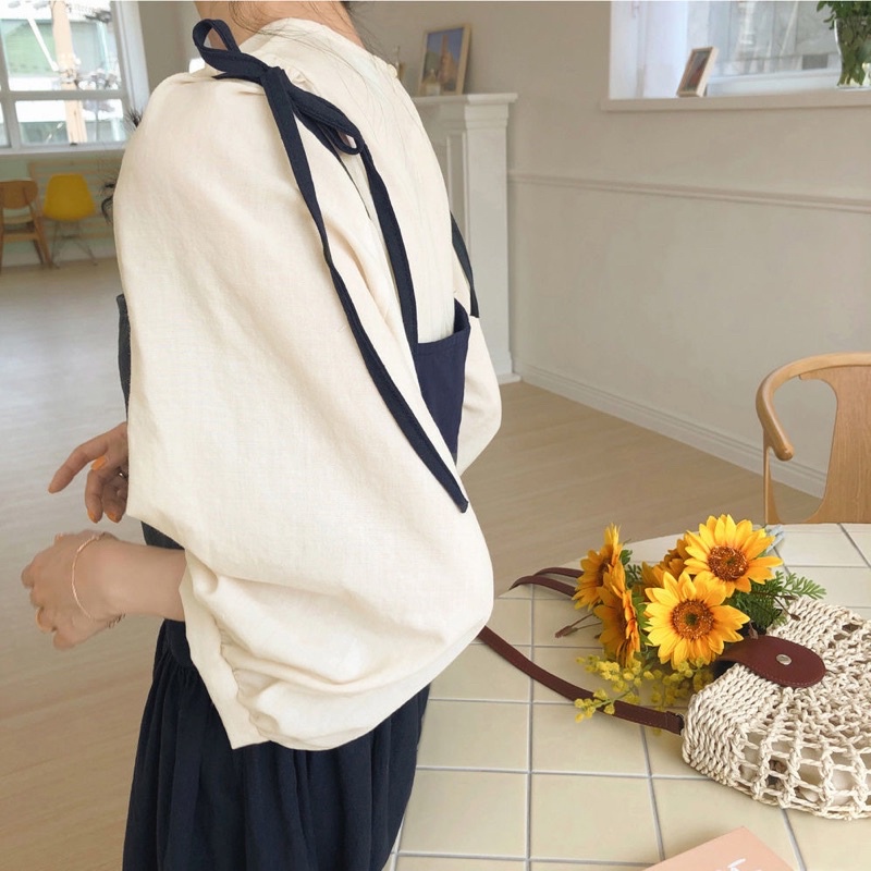 Set áo sơ mi đũi + váy yếm dài siêu xinh