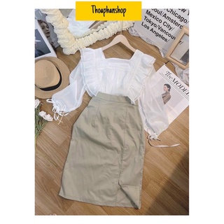 Set áo sơ mi bèo tay dài + chân váy nude midi