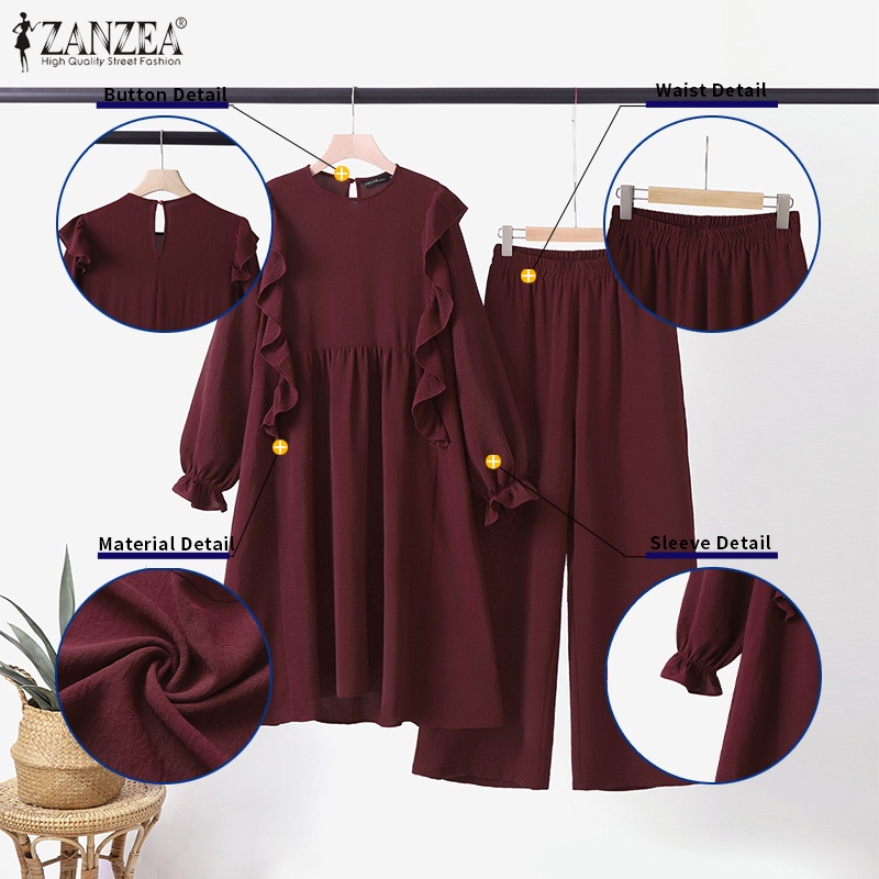 Zanzea Set Áo Kiểu Dài Tay Cổ Tròn + Quần Dài Ống Rộng Thời Trang Nữ