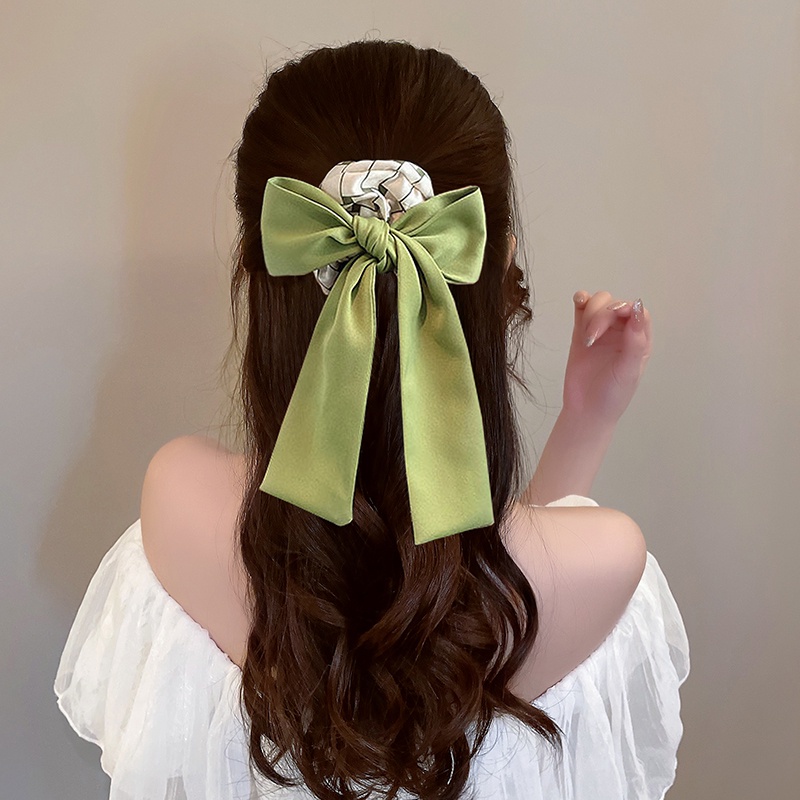 Dây Buộc Tóc Ruy Băng Thắt Nơ Màu Xanh Lá Cây Bản Lớn Thời Trang Cho Nữ