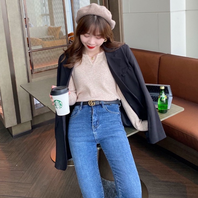 Áo len ZHELIHANGFEI tay dài cổ chữ V phong cách phương Tây dễ phối đồ thời trang