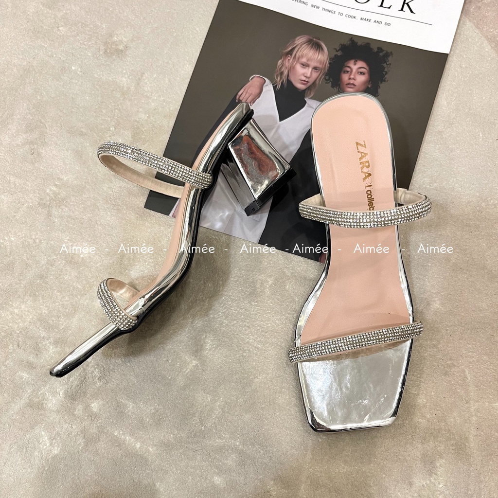 Dép Cao Gót 2 Dây Đính Đá Đế Vuông 7 Phân Siêu Xinh