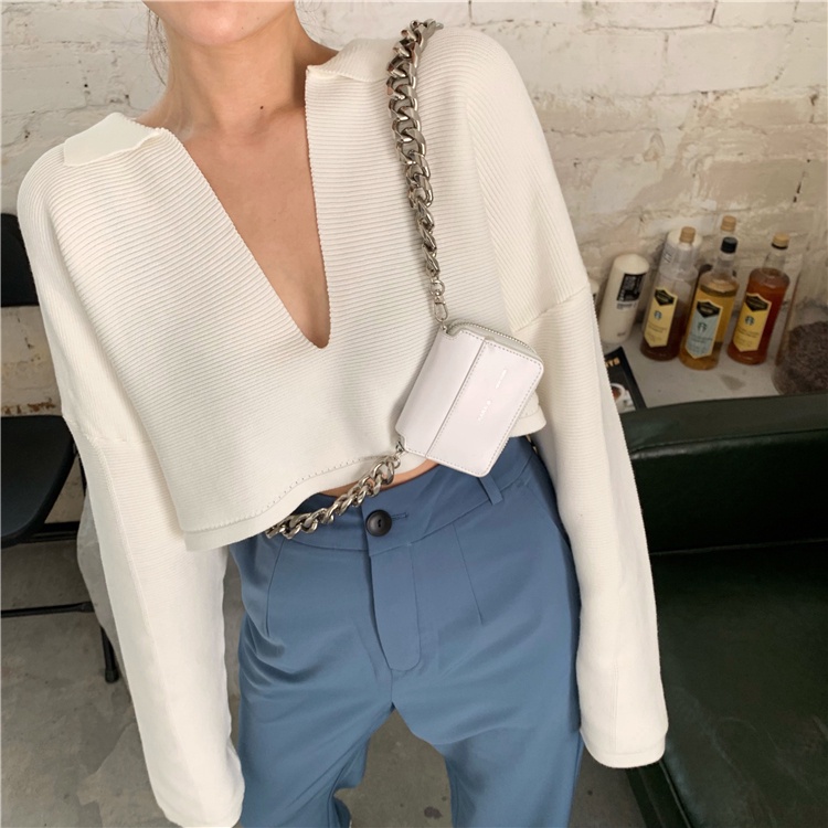 IELGY    Áo Thun Dệt Kim Cổ Chữ V Màu Trơn Dáng Rộng Phong Cách Hàn Quốc Cho Nữ