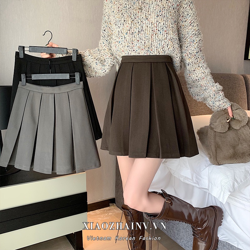 Xiaozhainv Chân váy chữ A xếp ly màu sắc thời trang Hàn Quốc