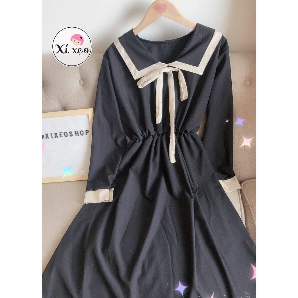 Đầm trắng đen sơ mi vintage, đầm dài suông ulzzang xixeoshop - v26