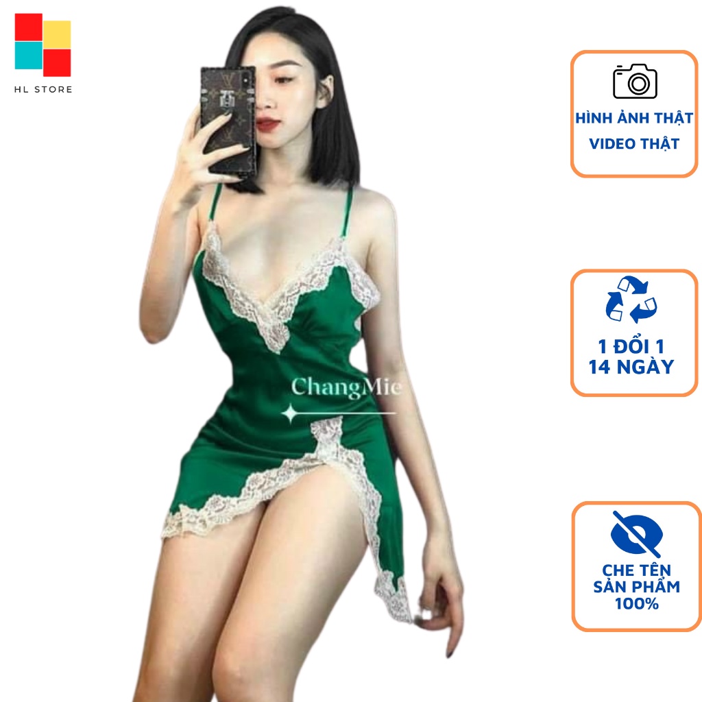 Đầm ngủ 2 dây phối ren xẻ đùi Hải Lan Store, lụa Satin cao cấp mềm mại, kèm quần đùi gợi cảm, freesize dưới 65kg