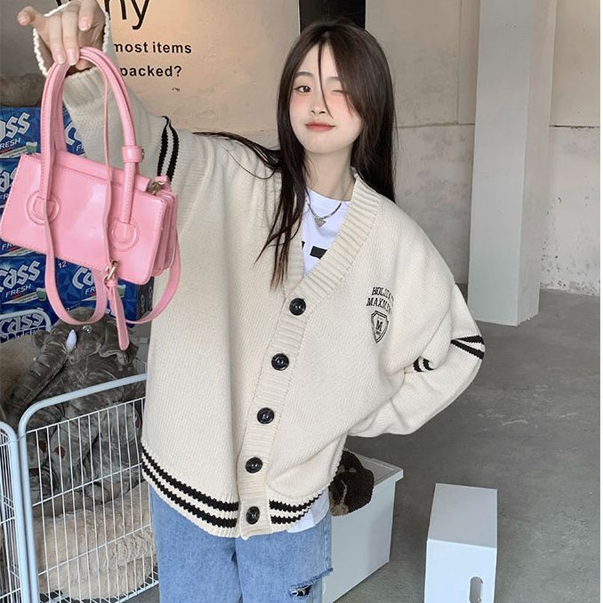 Áo Khoác Cardigan Dệt Kim Tay Dài Dáng Rộng Cổ Chữ V Phong Cách Hàn Quốc Dễ Phối Đồ