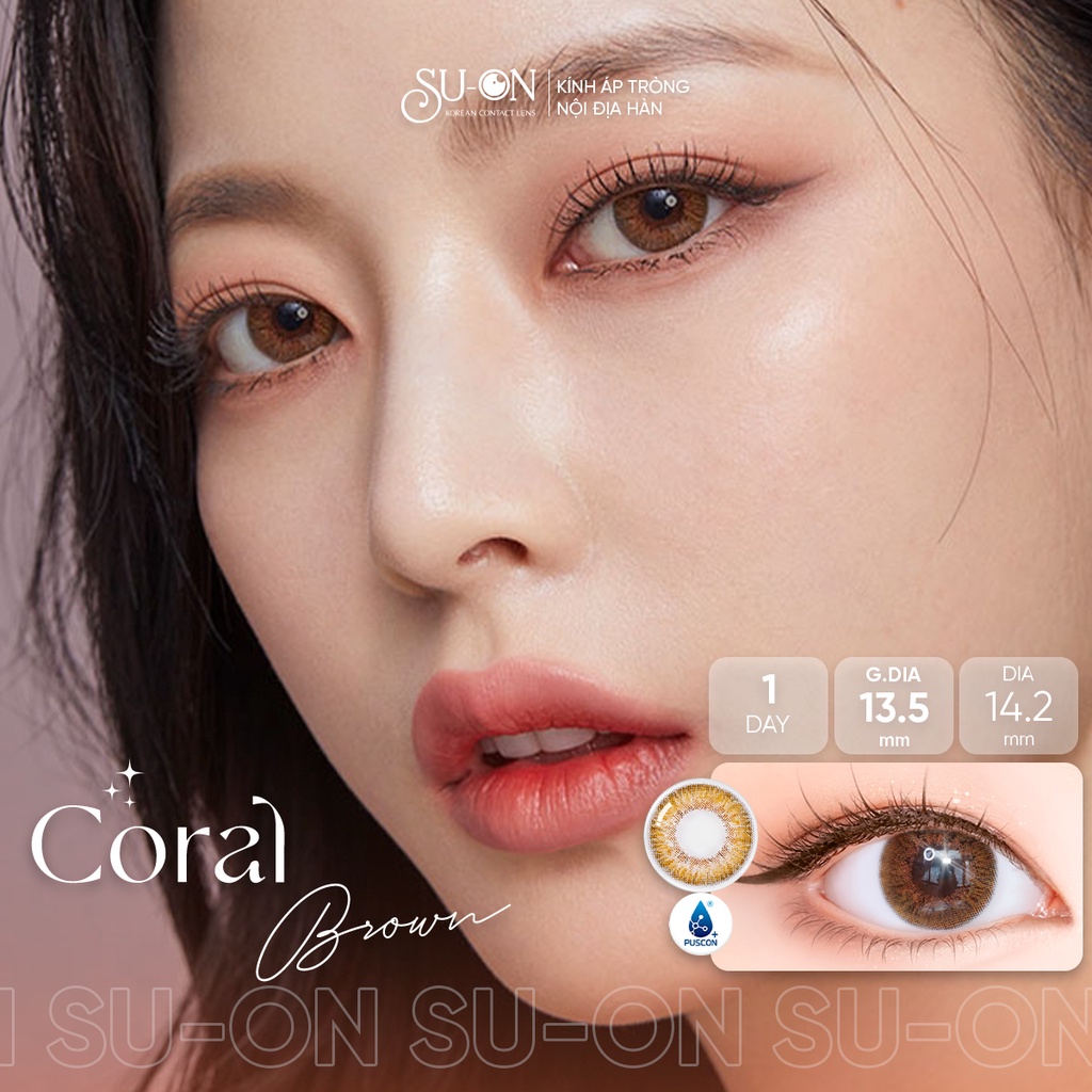 Lens 1 ngày Olens CORAL BROWN áp tròng 14,2mm, nâu tây long lanh Hàn Quốc, siêu êm đeo 24h