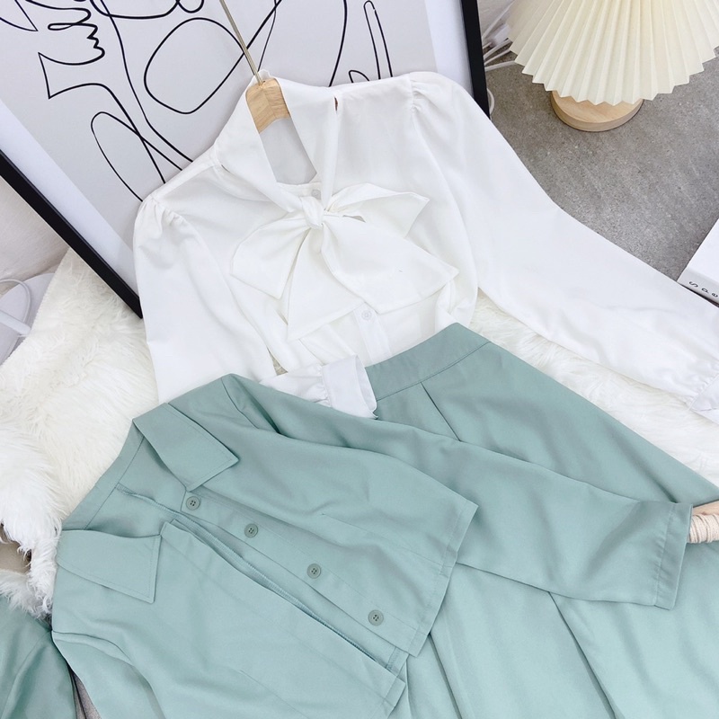 Set nữ set áo sơ mi trắng thắt nơ tay dài+ áo khoác vest xanh+ chân váy xếp ly dài lên dáng sang chảnh