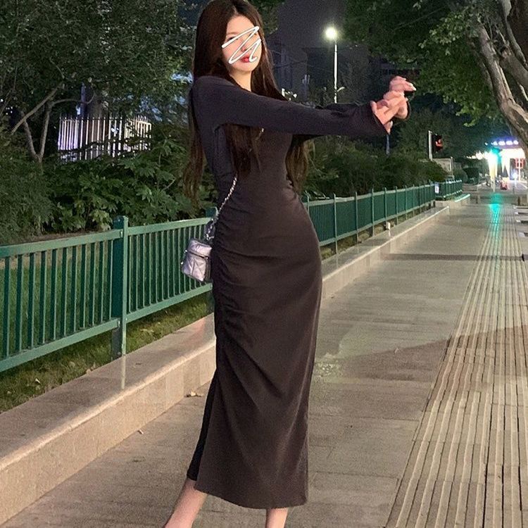 COZOK Đầm Tay Dài Cổ polo Xẻ Tà Dáng Ôm Thời Trang Dễ Phối Đồ