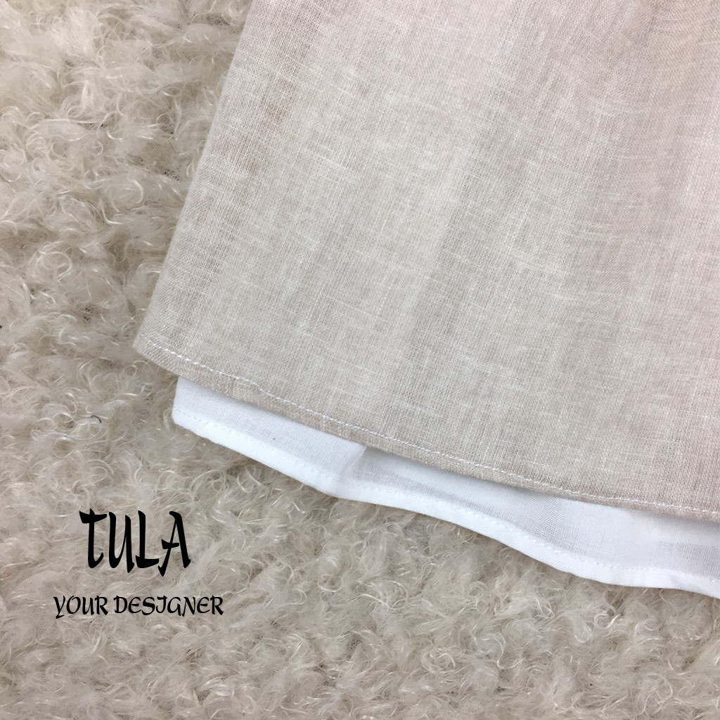 Váy Đầm Cho Bé Gái Vải Linen Hàn Chân Váy 2 Lớp Màu Ghi Sáng Cổ Sen Tròn Cúc Trước