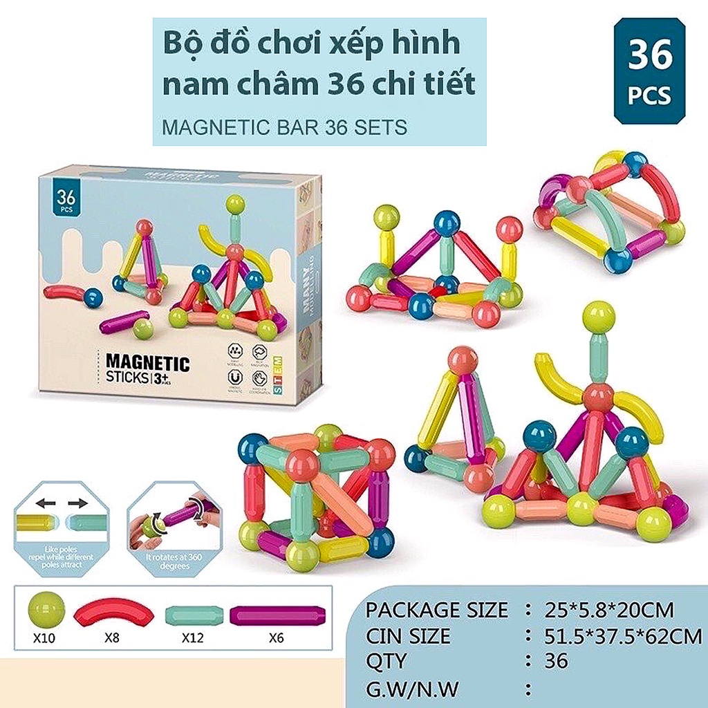 Bộ Đồ Chơi Xếp Hình Nam Châm 36 Chi Tiết Cho Bé Xếp Hình Lego Thông Minh Cho Bé, Đồ Chơi Trẻ Em Phát Triển Trí Tuệ