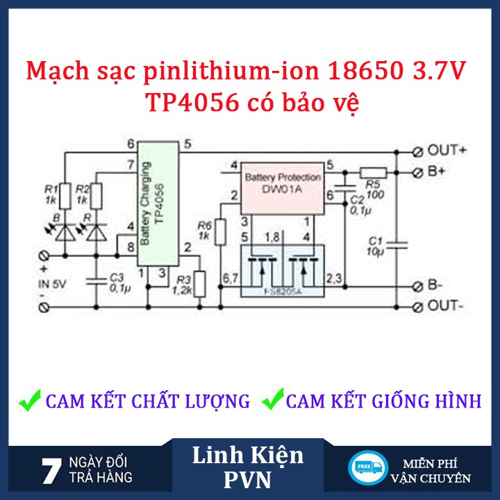 Mạch Sạc pin 1S Lithium - Li-ion - 18650 TP4056 Có Bảo Vệ Pin