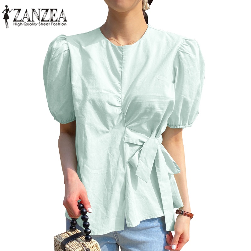 Áo kiểu Zanzea tay ngắn cổ tròn cột dây cài nút phong cách hàn quốc dành cho nữ