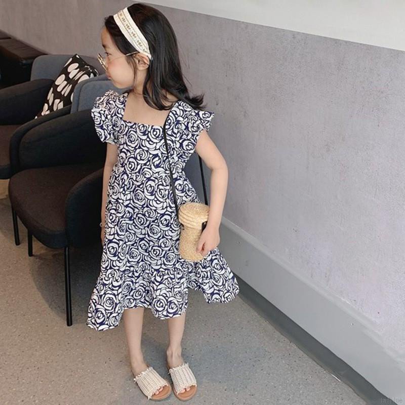 Đầm Công Chúa Cổ Vuông Tay Cánh Tiên In Hoa Thời Trang Mùa Hè Dành Cho Bé Gái